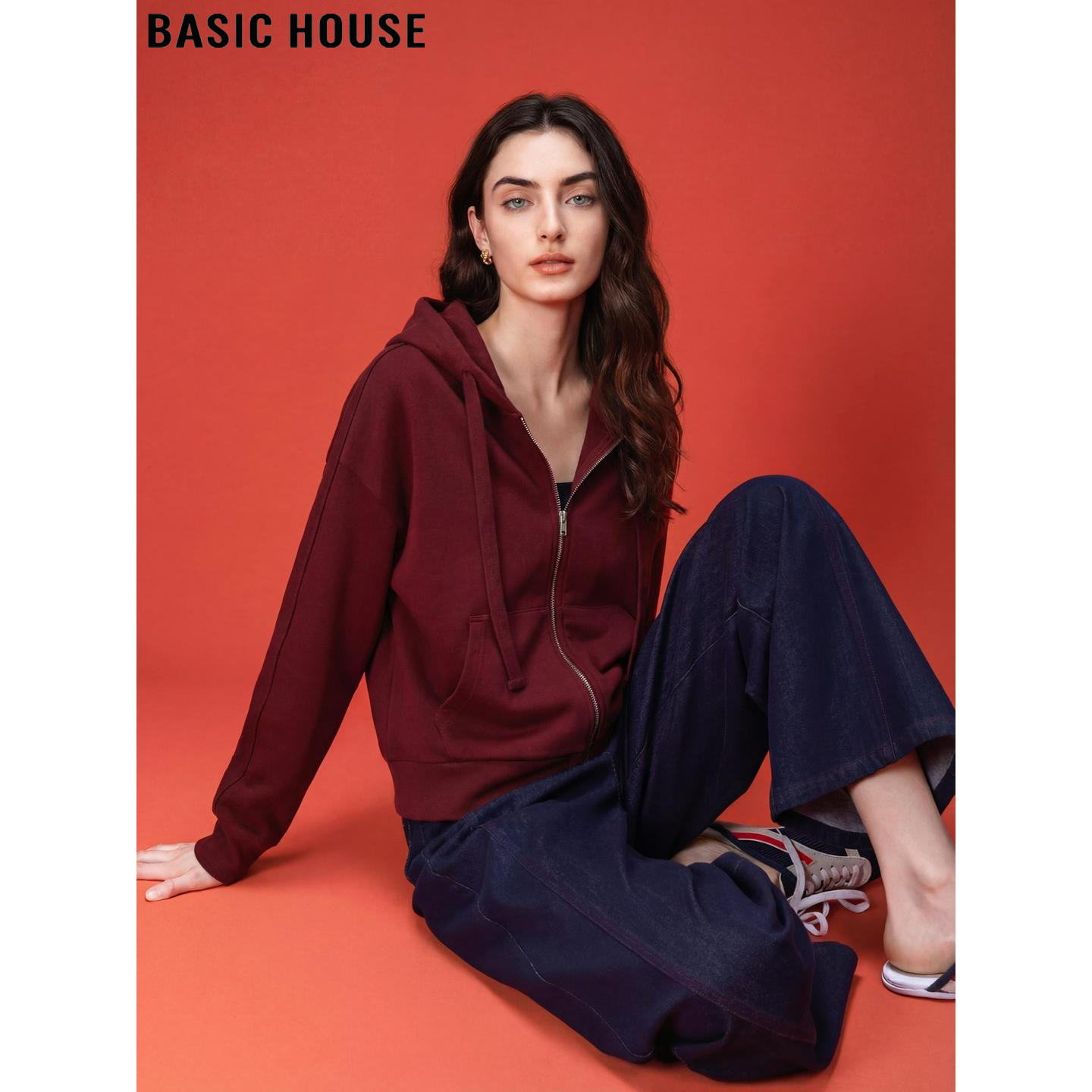 Basic House/百家好红色抽绳连帽卫衣外套女2026春季新款拉链开衫