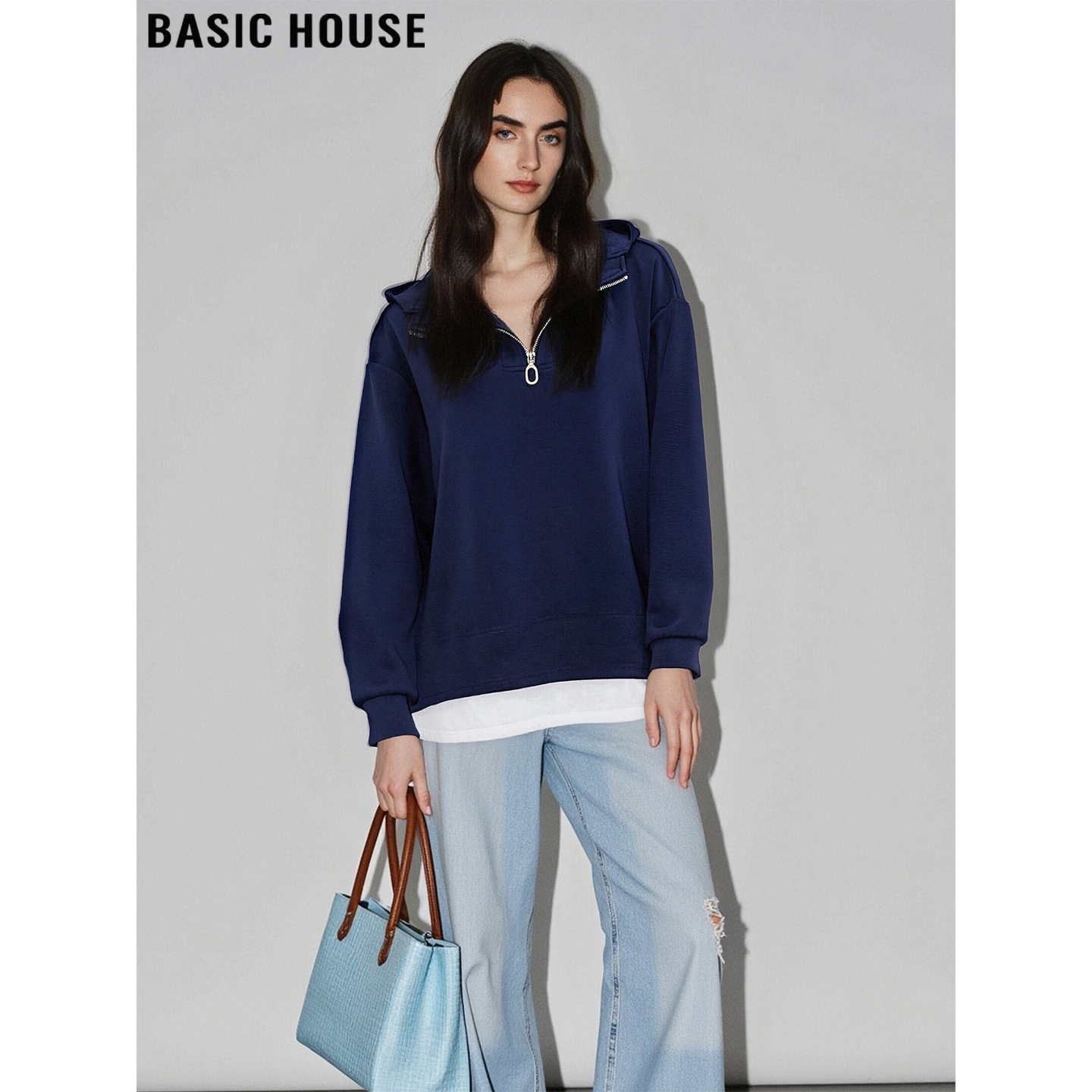 Basic House/百家好假两件半拉链连帽卫衣女秋冬休闲宽松加厚上衣