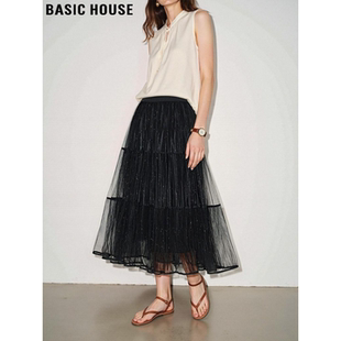 新款 百家好黑色网纱半身裙女2026春季 高腰A字大摆裙 House Basic