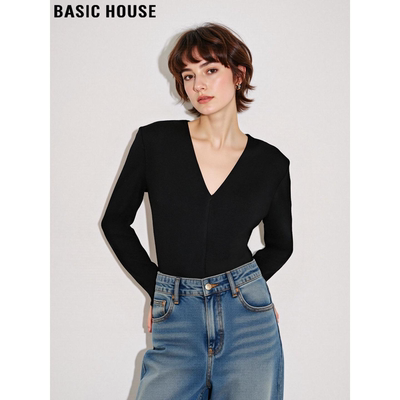 百家好黑色V领长袖打底衫女内搭