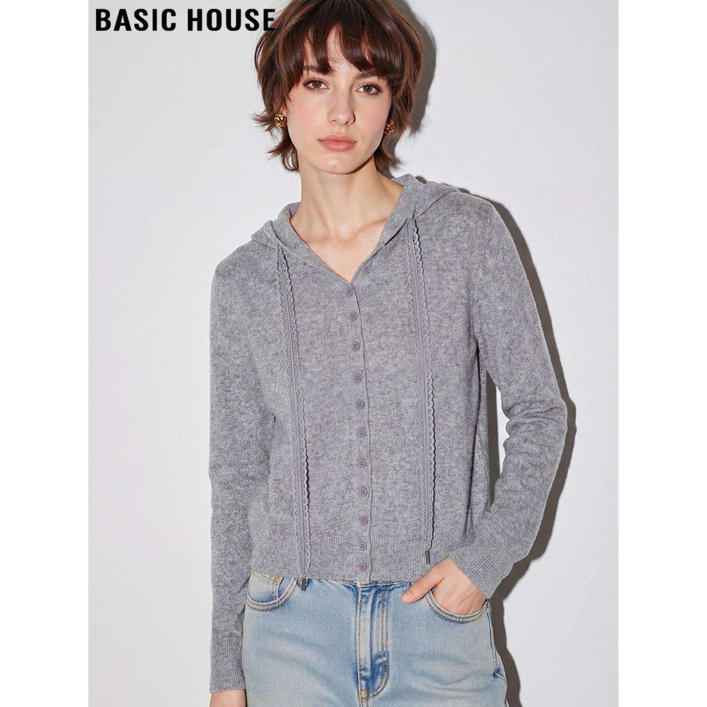 Basic House/百家好灰色连帽针织开衫女2026春季新款显瘦短款毛衣,女装/女士精品,毛针织衫,淘宝优惠券,粉丝福利购,淘宝优惠卷