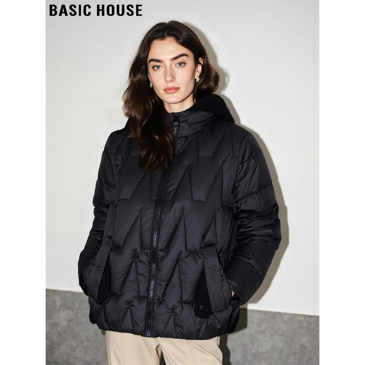 Basic House/百家好黑色90白鸭绒连帽羽绒服女士冬季加厚保暖外套,女装/女士精品,羽绒服,淘宝优惠券,粉丝福利购,淘宝优惠卷