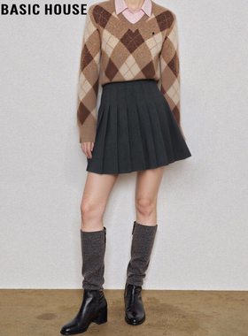 Basic House/百家好灰色毛呢西装短裙女冬季百搭高腰A字JK百褶裙