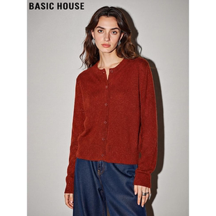 新款 Basic 女士2026春季 百家好红色羊毛针织开衫 亮闪闪毛衣 House
