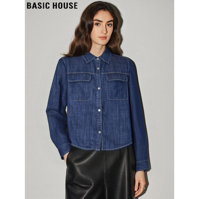 百家好设计感深蓝色牛仔衬衫女