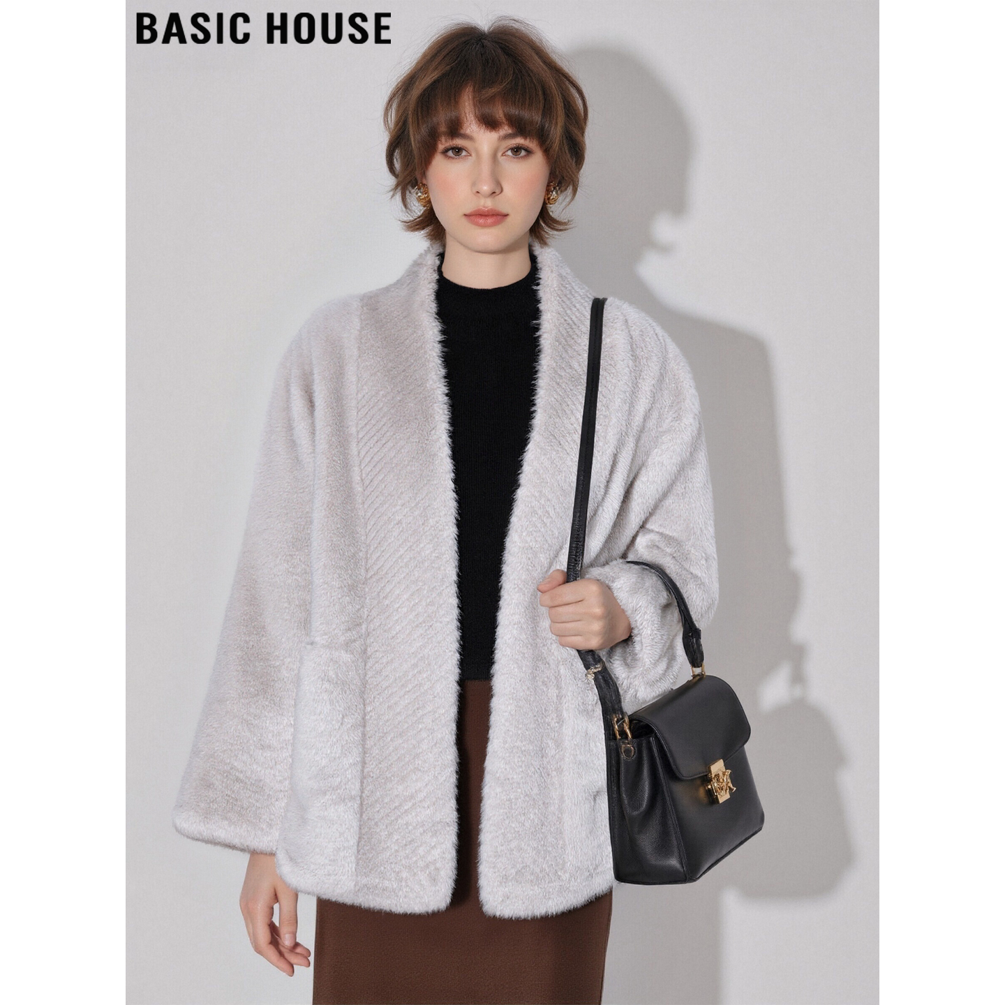 Basic House/百家好轻奢气质灰色环保皮草女春季加厚慵懒毛毛外套