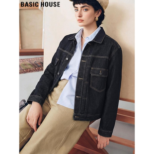 Basic House/百家好复古蓝色牛仔衬衫外套女2026春季新款全棉上衣