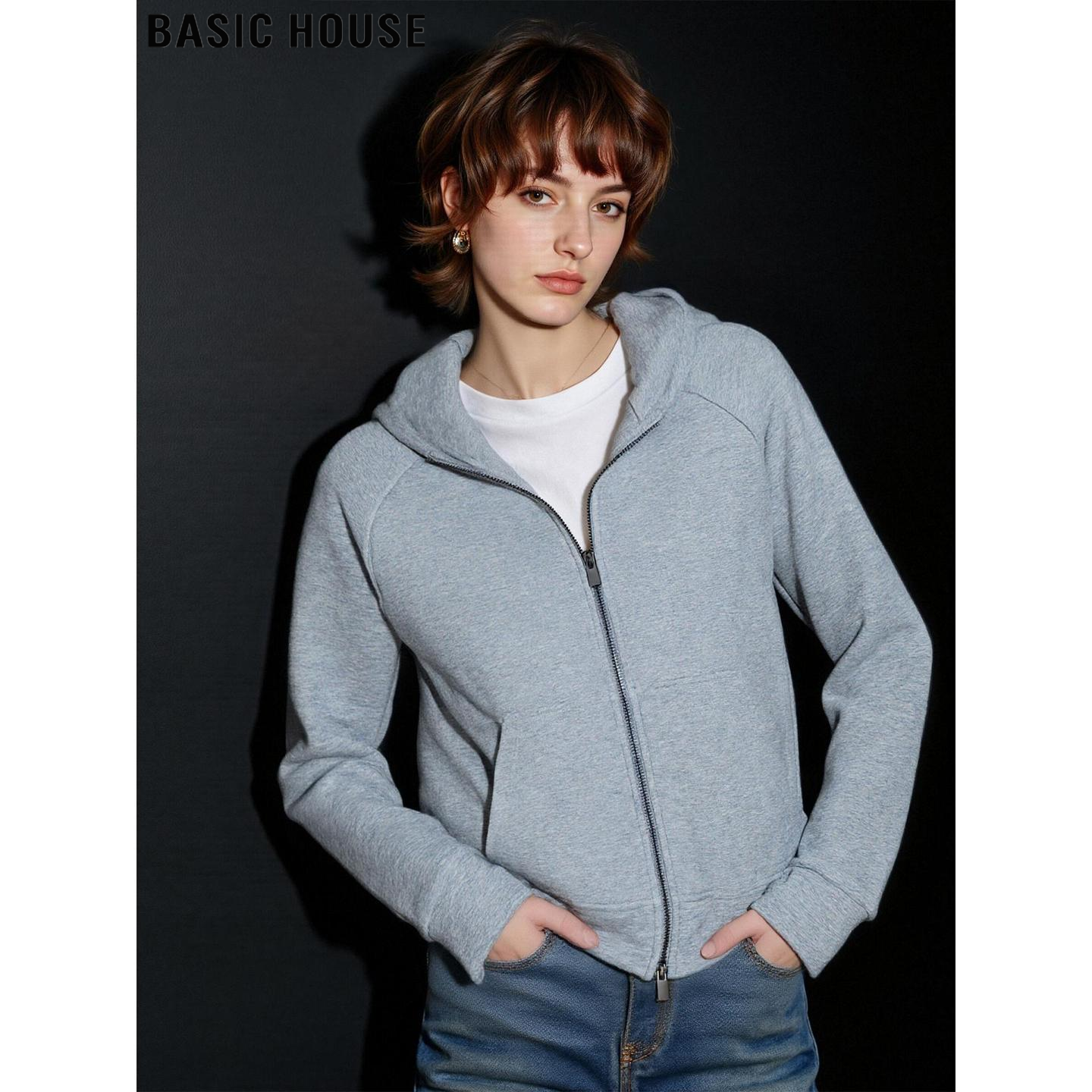 百家好都市灰慵懒风连帽卫衣外套