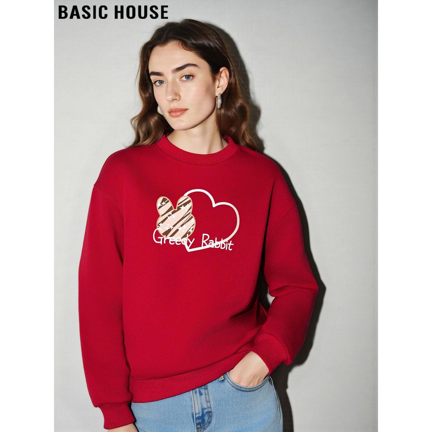 圣诞红印花圆领卫衣加绒内搭上衣