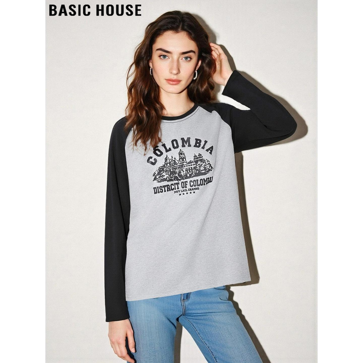 Basic House/百家好撞色印花圆领T恤女士春季插肩袖纯棉内搭上衣,女装/女士精品,T恤,淘宝优惠券,粉丝福利购,淘宝优惠卷