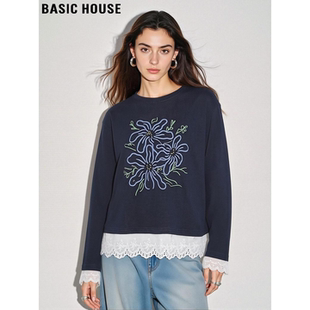 T恤女春季 百家好假两件长袖 慵懒风宽松休闲印花上衣 House Basic