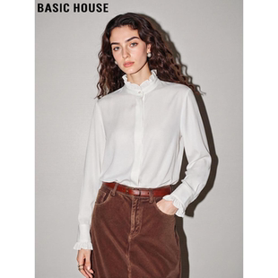 House 新款 百家好白色长袖 女2026春季 高级感荷叶边衬衣 衬衫 Basic