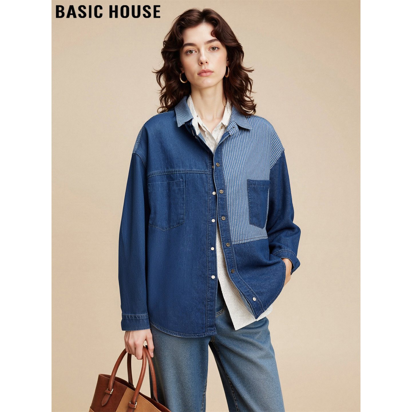 百家好深蓝色拼接长袖牛仔衬衫女