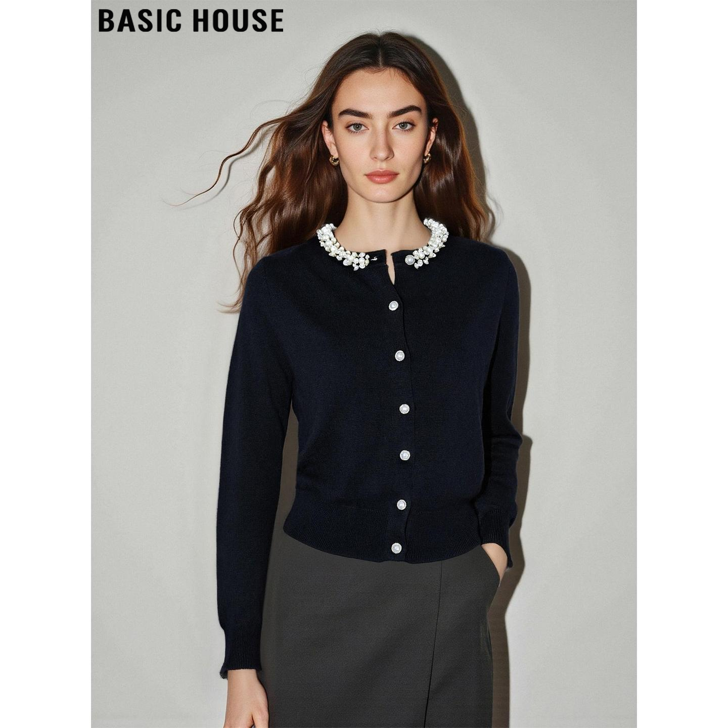 黑色小香风重工钉珠针织开衫女