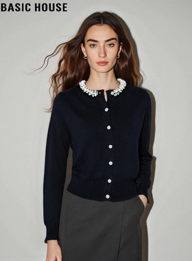 Basic House/百家好黑色小香风重工钉珠针织开衫女秋冬可叠穿上衣