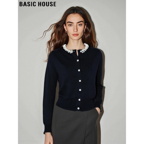 黑色小香风重工钉珠针织开衫女