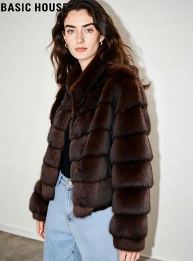 Basic House/百家好棕色立领毛绒外套女士冬季高级感加厚环保皮草