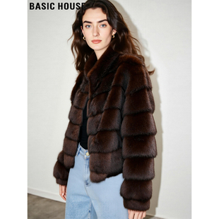 Basic House/百家好棕色立领毛绒外套女士冬季高级感加厚环保皮草