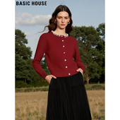 House 百家好新年战袍红色针织开衫 女冬季 Basic 法式 钉珠圆领外套