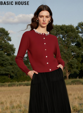 Basic House/百家好新年战袍红色针织开衫女冬季法式钉珠圆领外套