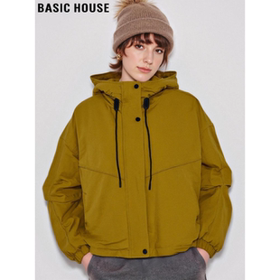 Basic House/百家好黄色连帽工装外套女士冬季高级感宽松加厚夹克