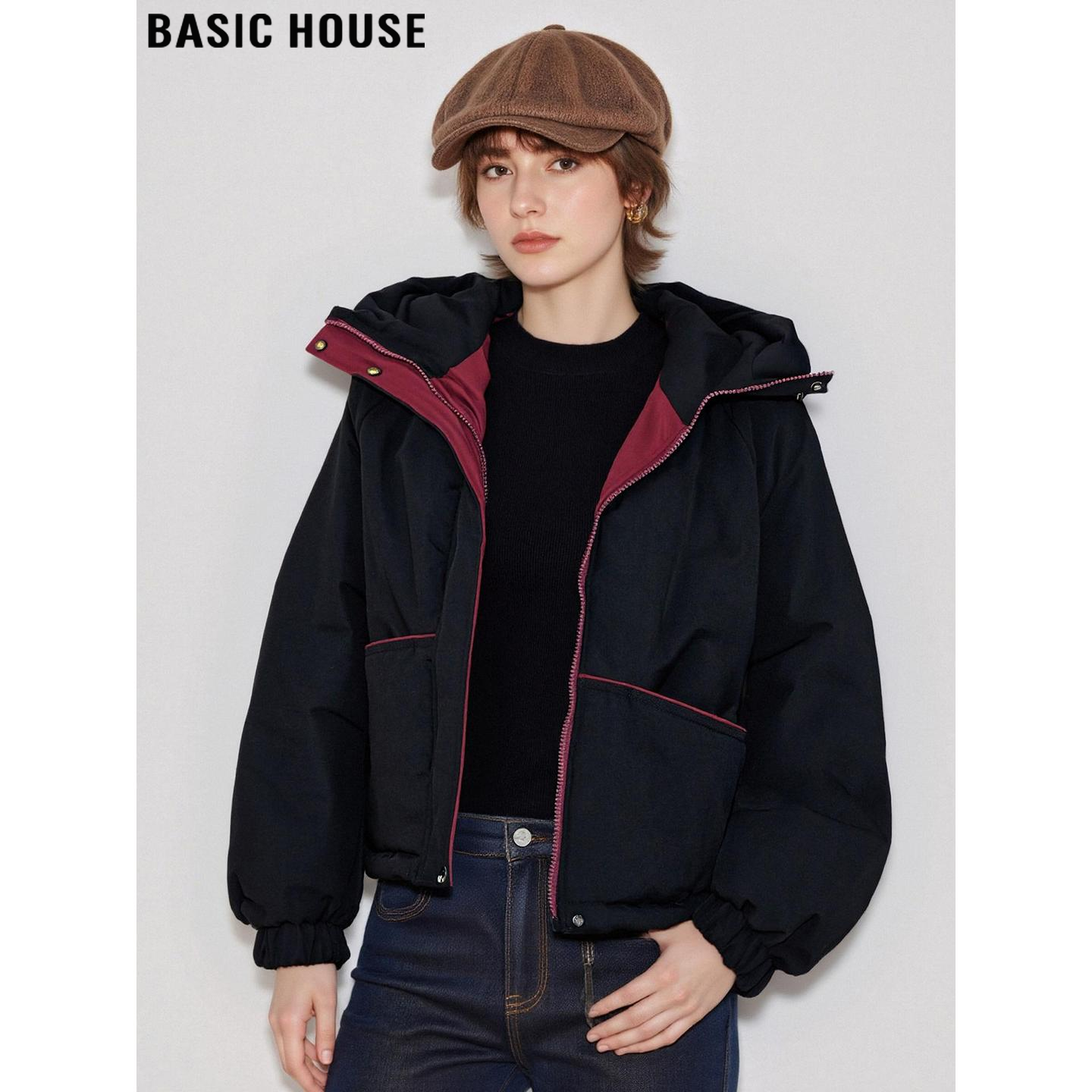 百家好时尚撞色加厚连帽棉服外套