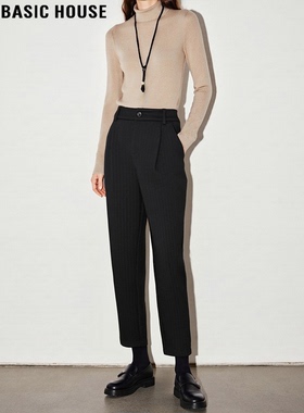 Basic House/百家好黑色九分西装裤女冬小个子显高高腰加绒烟管裤