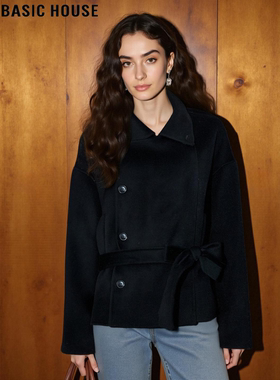 Basic House/百家好黑色翻领毛呢外套女士冬季加厚小个子羊毛大衣