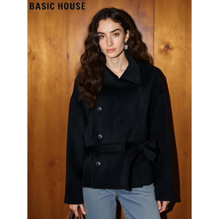 Basic House/百家好黑色翻领毛呢外套女士冬季加厚小个子羊毛大衣