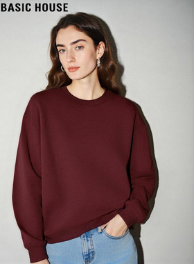 Basic House/百家好高级感红色圆领卫衣女士冬季内搭加厚打底衫