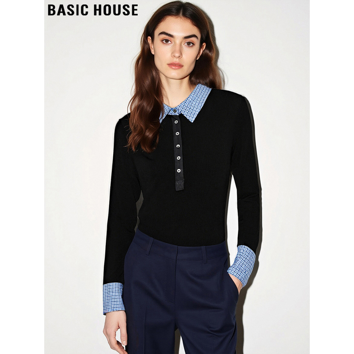 百家好复古撞色Polo领针织衫女