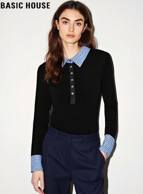 Basic House/百家好撞色Polo领针织衫女2026春季新款格纹拼接上衣