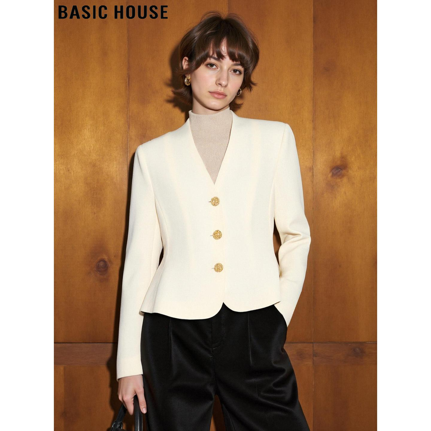 Basic House/百家好法式V领西装外套女士2026春季新款短款小西服