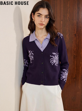 Basic House/百家好复古紫色提花假两件翻领针织衫女2026春季新款