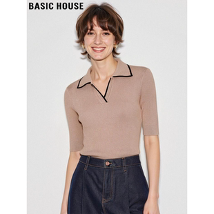 针织衫 百家好卡其色翻领冰丝短袖 女夏季 修身 上衣 Basic 半袖 House