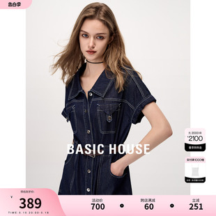 新款 Basic House 百家好复古牛仔连衣裙女2024夏季 明线收腰a字裙