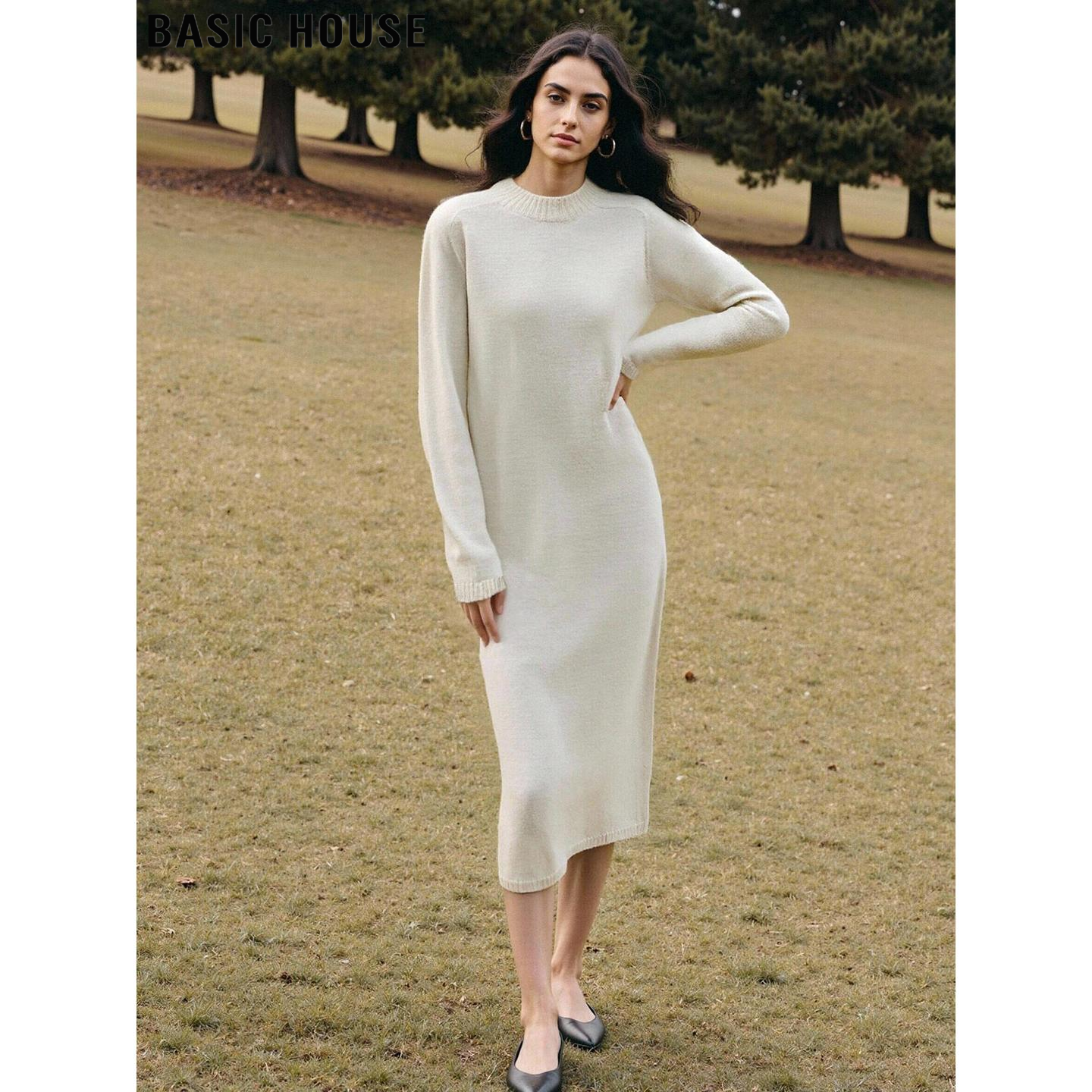 Basic House/百家好白色羊毛针织裙女士2026春季新款中长款毛衣裙