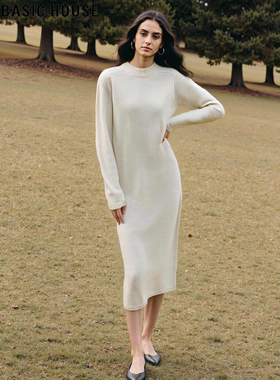 Basic House/百家好白色羊毛针织裙女士2026春季新款中长款毛衣裙