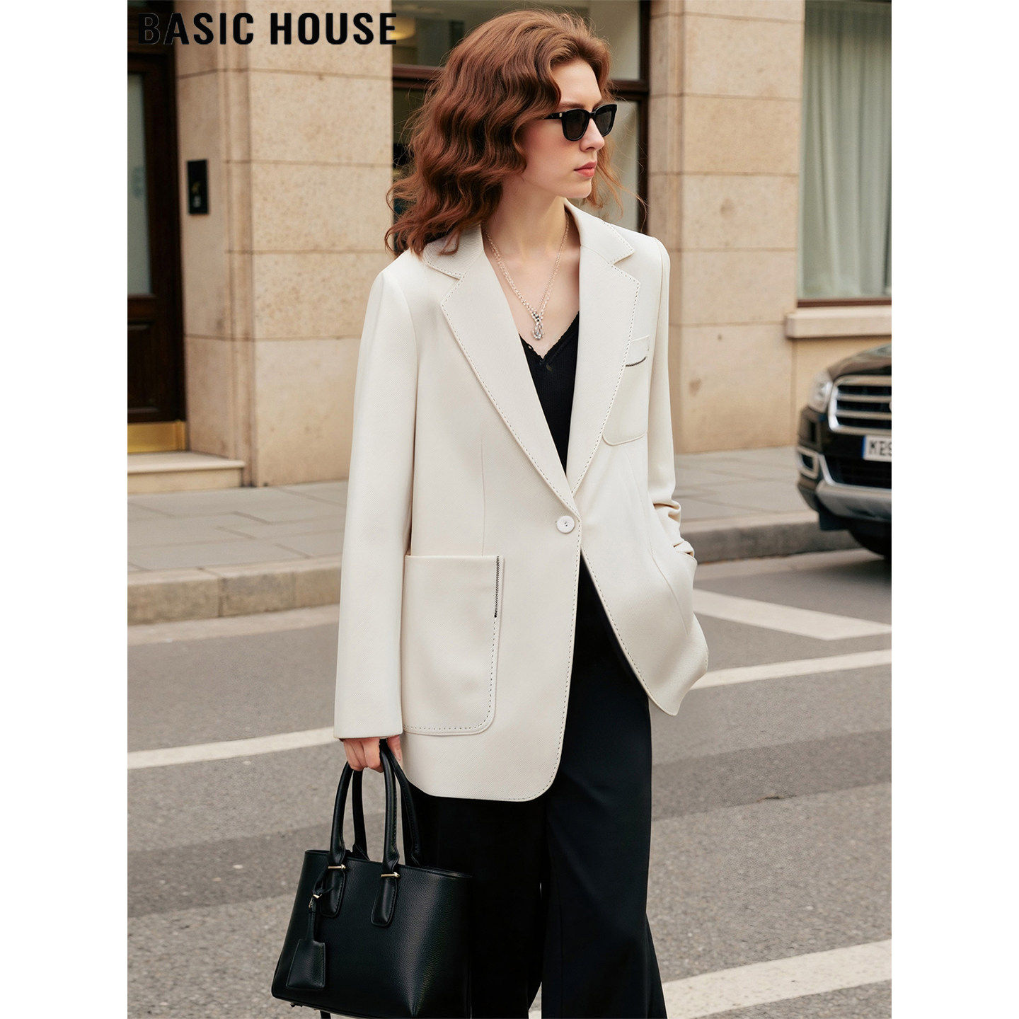 Basic House/百家好白色西装外套女士2026春季新款羊毛桑蚕丝上衣