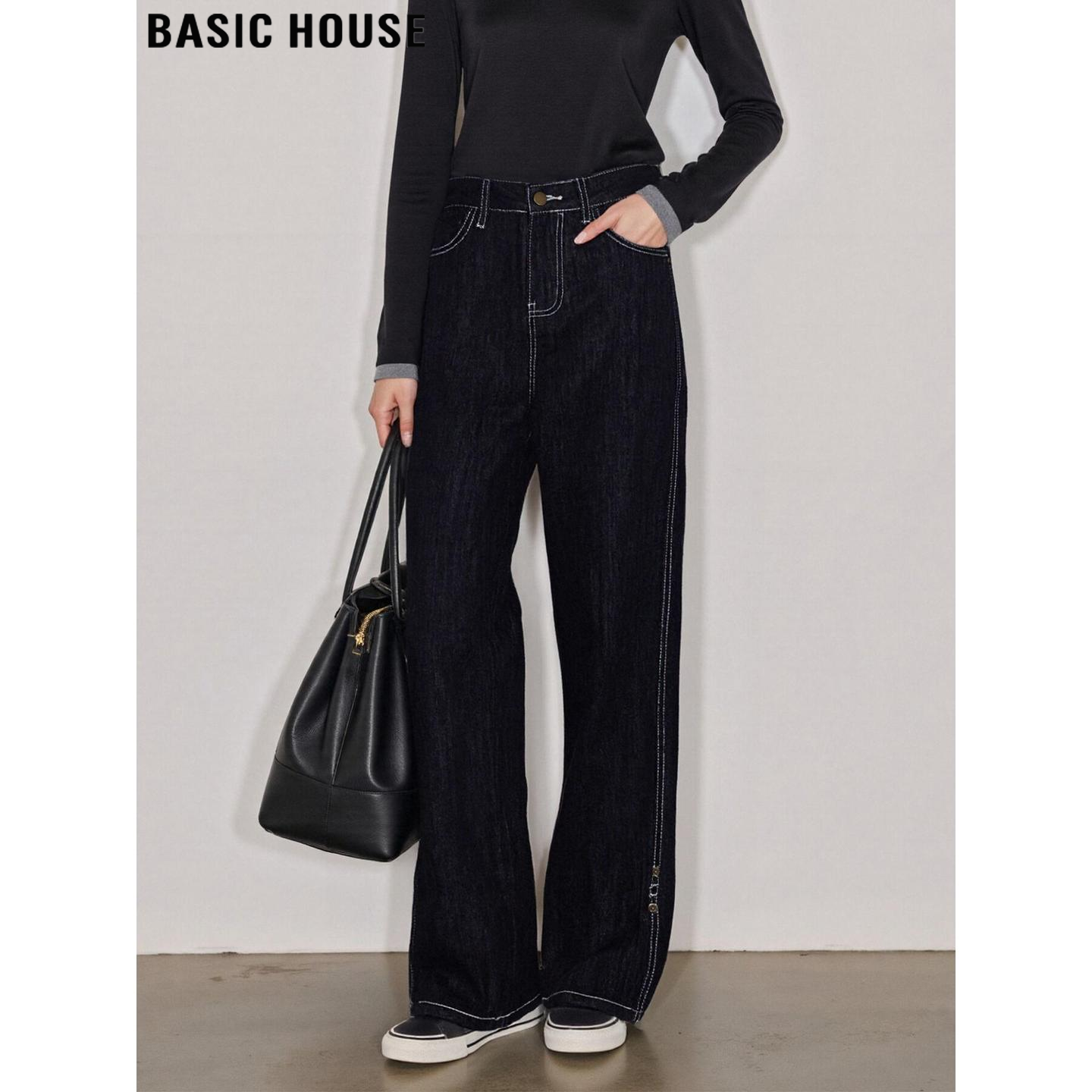 百家好复古窄版阔腿裤加绒牛仔裤