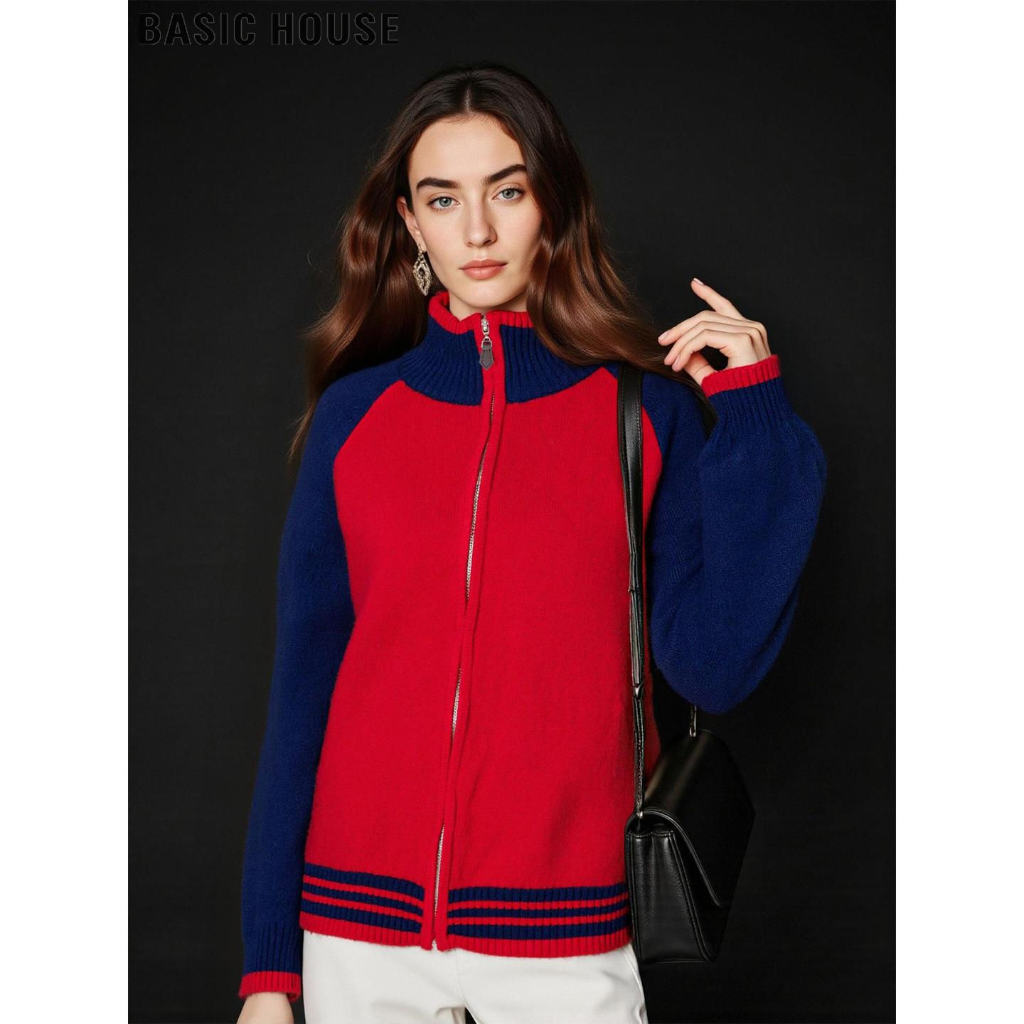 百家好撞色100%羊毛拉链毛衣外套