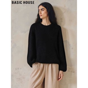 Basic House/百家好黑色圆领羊毛针织衫女士冬季宽松细闪打底毛衣