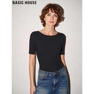 House 半袖 百家好黑色冰丝针织短袖 气质修身 上衣 T恤女夏季 Basic