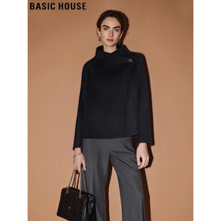 Basic House/百家好黑色短款毛呢外套女冬季小个子立领羊毛呢上衣