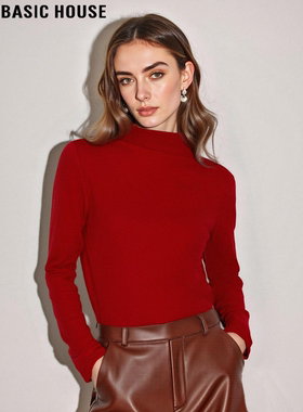 Basic House/百家好新年红半高领针织打底衫女士秋冬保暖内搭上衣