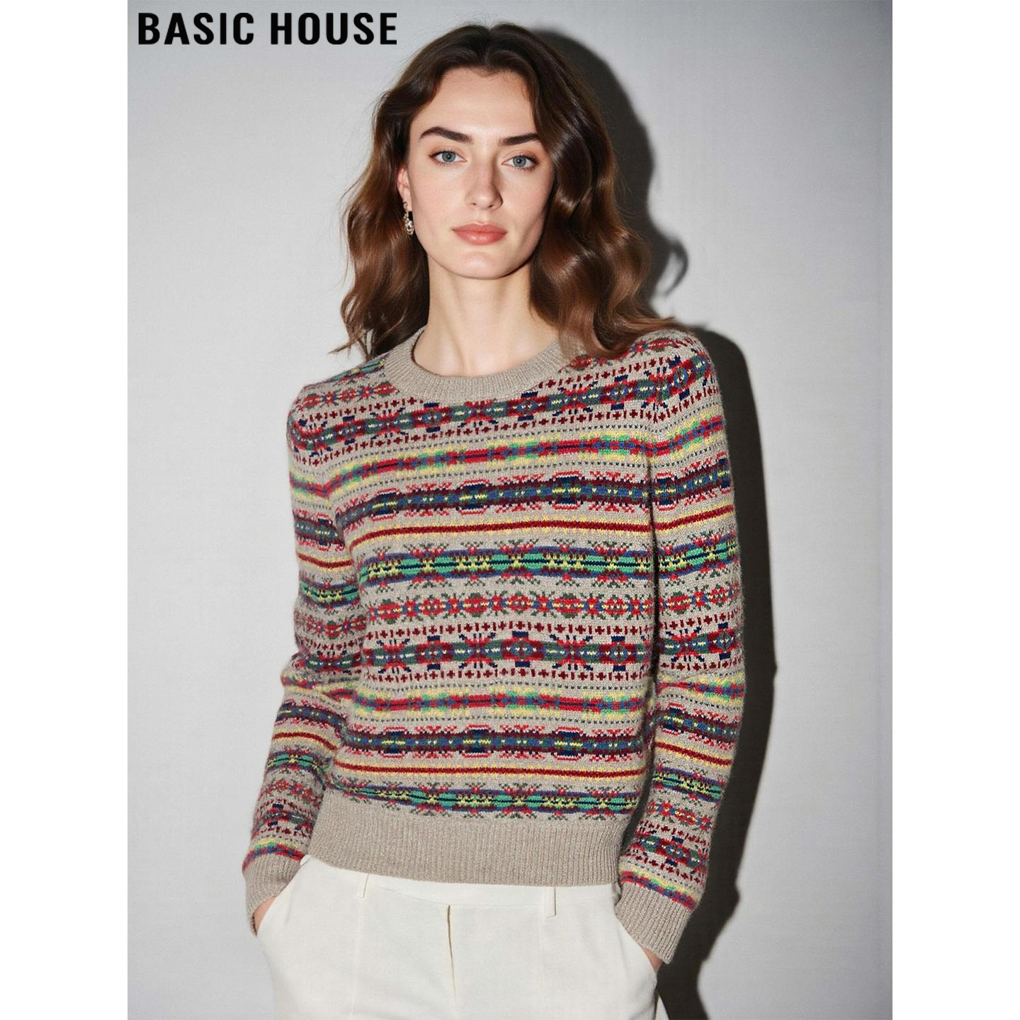 Basic House/百家好彩色条纹羊毛针织衫女士冬季修身软糯打底毛衣