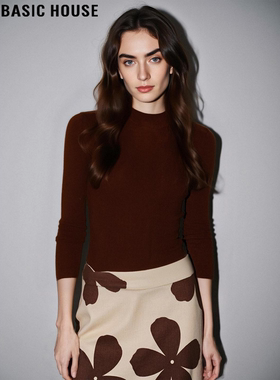 Basic House/百家好美拉德咖色半高领针织衫女冬修身软糯打底毛衣