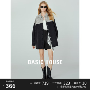 Basic House/百家好拼接粗花呢衬衫夹克上衣2023秋季牛仔外套女
