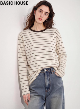 Basic House/百家好撞色条纹长袖T恤女2026春季新款宽松圆领上衣