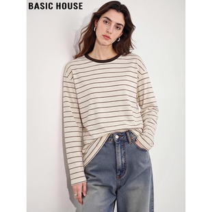 新款 Basic T恤女2026春季 百家好撞色条纹长袖 宽松圆领上衣 House